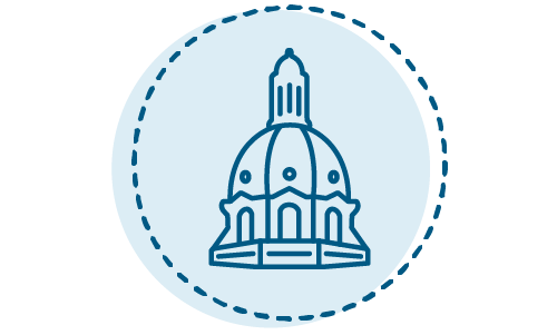 Blue circle with dotted outline with a drawing of a legislature buliding dome inside