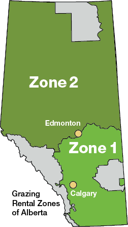 Map showing the Grazing Rental Zones of Alberta