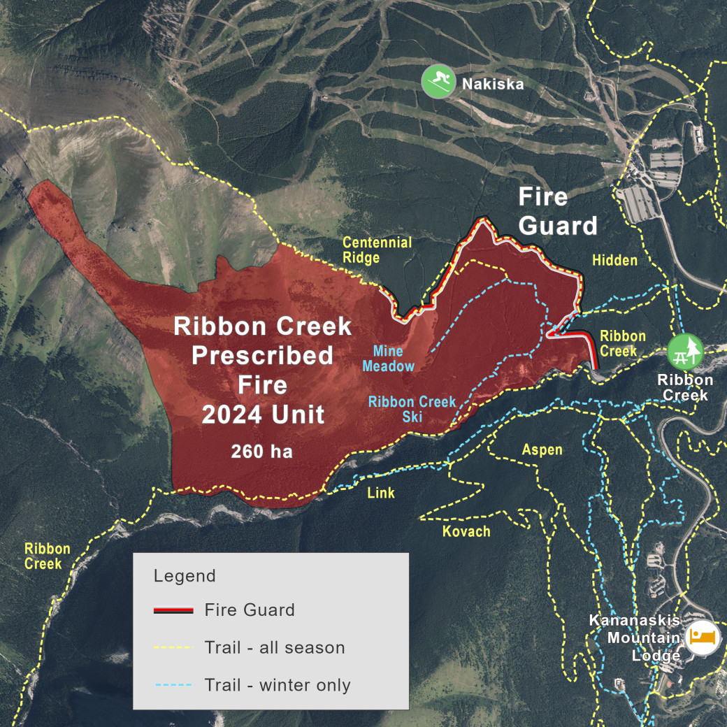 Map showing the Ribbon Creek Prescribed Fire location and size in a red shaded area
