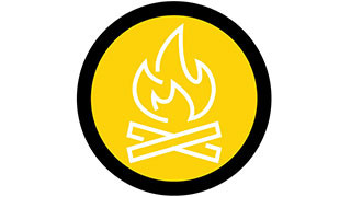Flame over logs on a yellow circle with a black outline