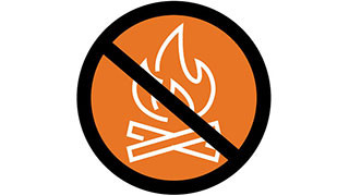 Flame over logs on an orange circle with a black outline and diagonal line across