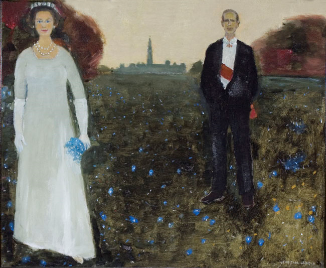 A painting of Queen Elizabeth the Second and Prince Philip standing in a field of blue flowers.