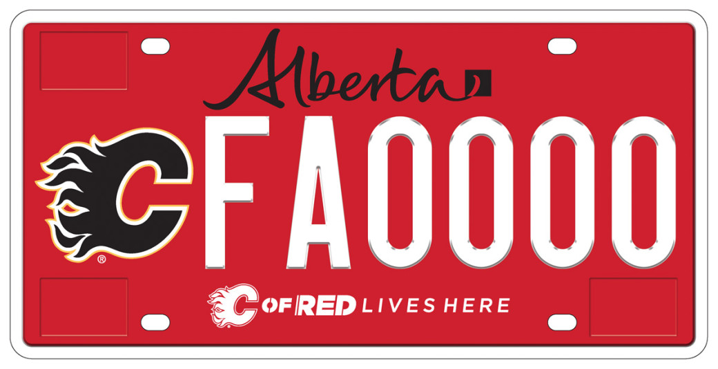 An image of the new Calgary Flames licence plate