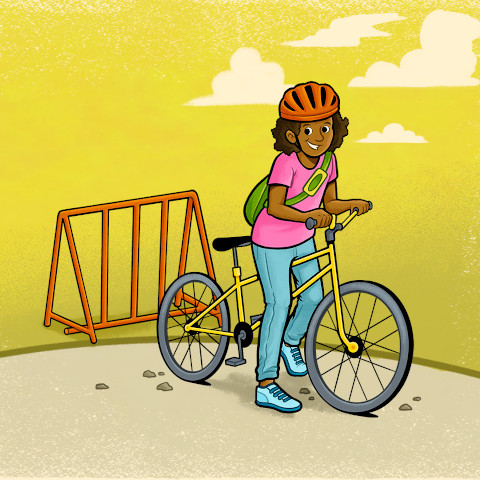 Illustration of a student wearing a helmet and using a bicycle