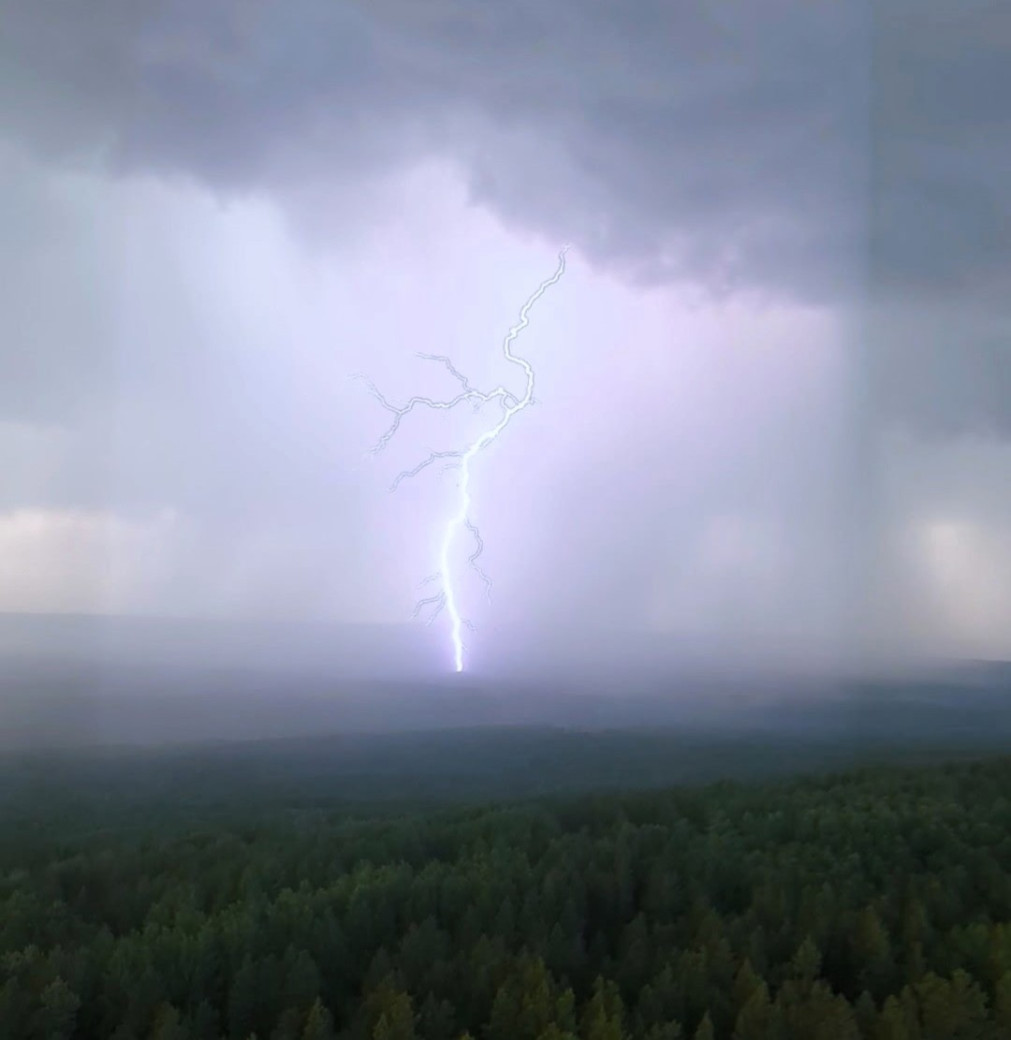 Bolt of lightning striking above a green forest.