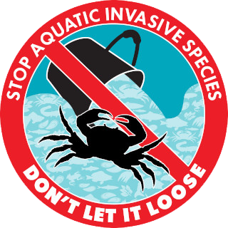Red circle with a diagonal line across an image of a bucket dumping out water and a crab. Text around the red circle says: Stop aquatic invasive species. Don't let it loose