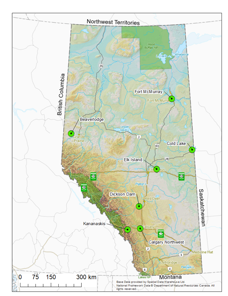 Map showing the location of seven atmospheric deposition monitoring stations across Alberta. The seven stations include Calgary Northwest, Kananaskis, Dickson Dam, Elk Island, Cold Lake, Beaverlodge and Fort McMurray.