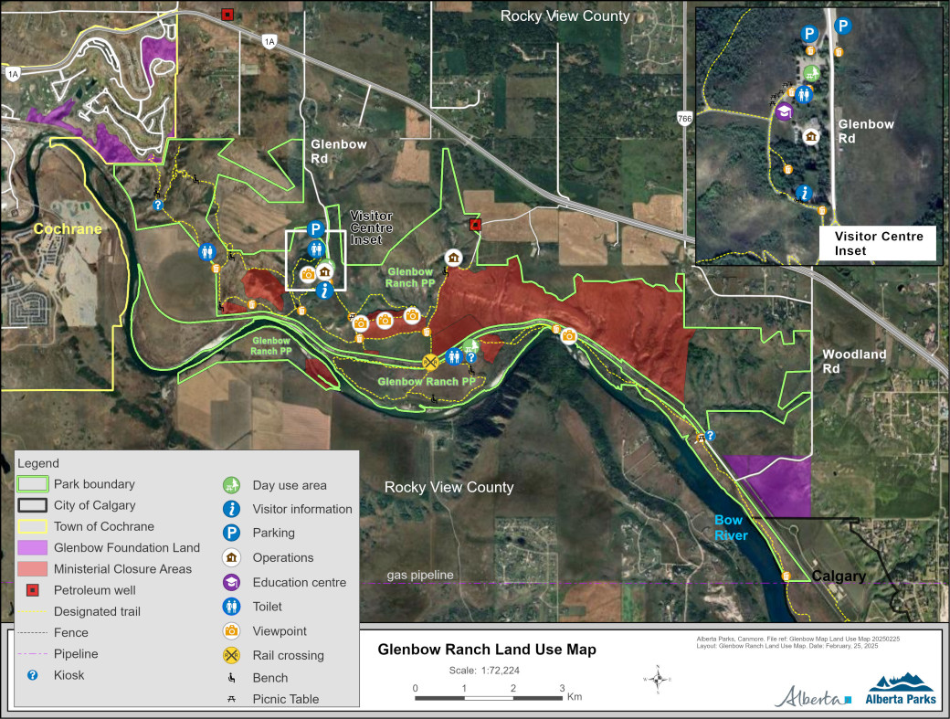 Map of Glenbow Ranch Provincial Park containing locations of amenities such as parking, washrooms, trails and shelters.