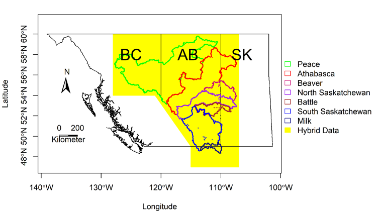 Map: Spatial coverage of the hybrid climate dataset (yellow-colored area) in relation to the 7 major watersheds in Alberta.