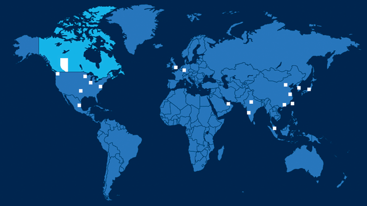 Map with locations of Alberta's international offices.