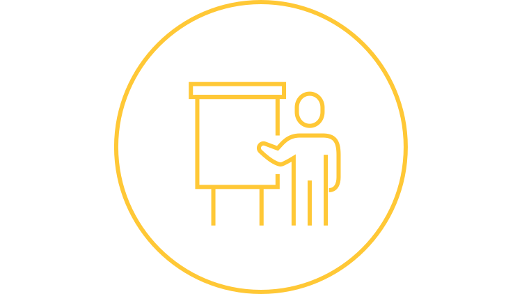 Icon of a teacher pointing to a standing display