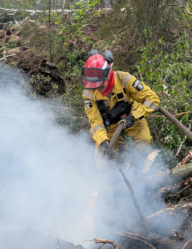 A firefighter works on a hot spot on HWF036 (June 12, 2025)