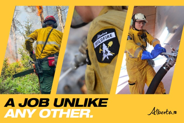 Advertisement with 3 wildfire fighter images, one with a chainsaw, one showing a badge and the last showing a fighter with a hose, wording says A job like no other