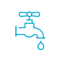 Blue icon outline of a water faucet with a water drop