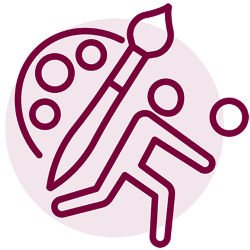 Iconography of someone playing volleyball and a paint brush and paint palette