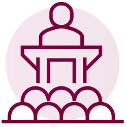 Icon of someone standing at a podium overlooking a crowd.
