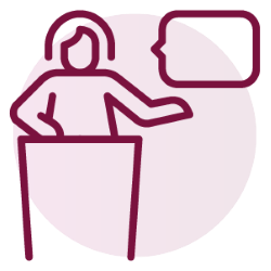 Illustration of women standing at a podium with a dialogue bubble on her left side.