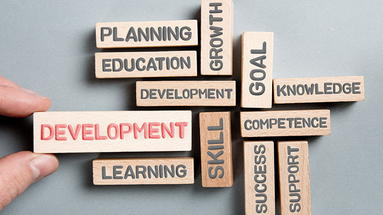 Wooden rectangular blocks with words on them: Planning, Education, Growth, Development, Goal, Knowledge, Skill, Learning, Competence, Success Support