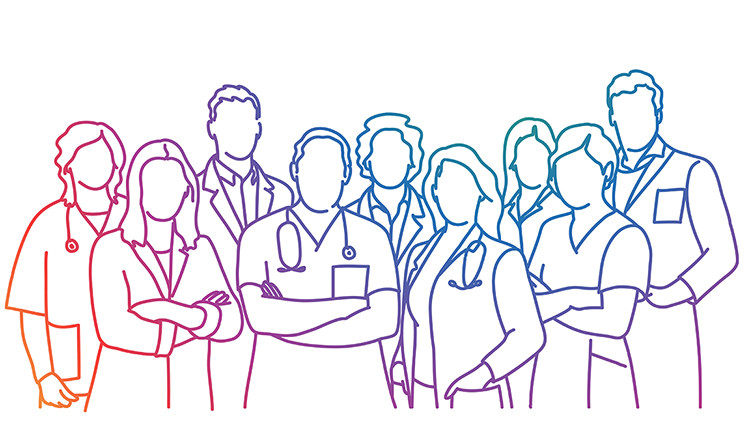 Image of Colourful illustration of a group of doctors and nurses.