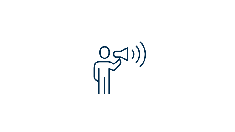Blue outline of person holding a megaphone on a white background