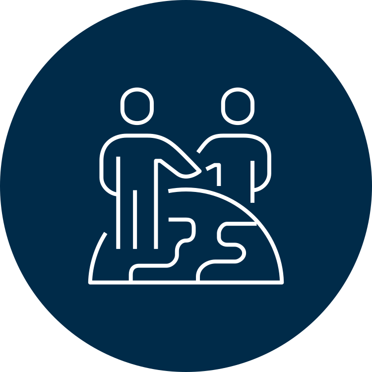 Icon of two people shaking hands across a globe