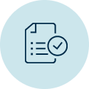Outline of a piece of paper with bullet line items and a circle with a checkmark on a light blue background