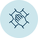 Outline of four hands grouped together holding each other in the centre on a light blue background