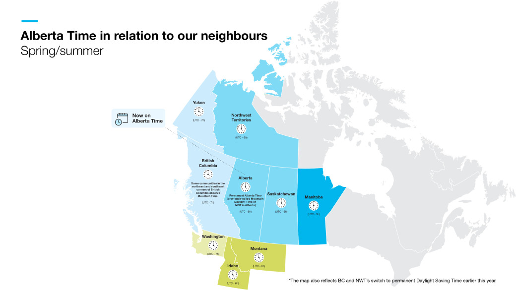 Graphic of a map of western Canada showing time zones during spring and summer.