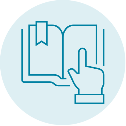 Icon image of hand pointing on a book