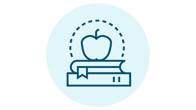 Icon of an apple sitting on a pile of books.