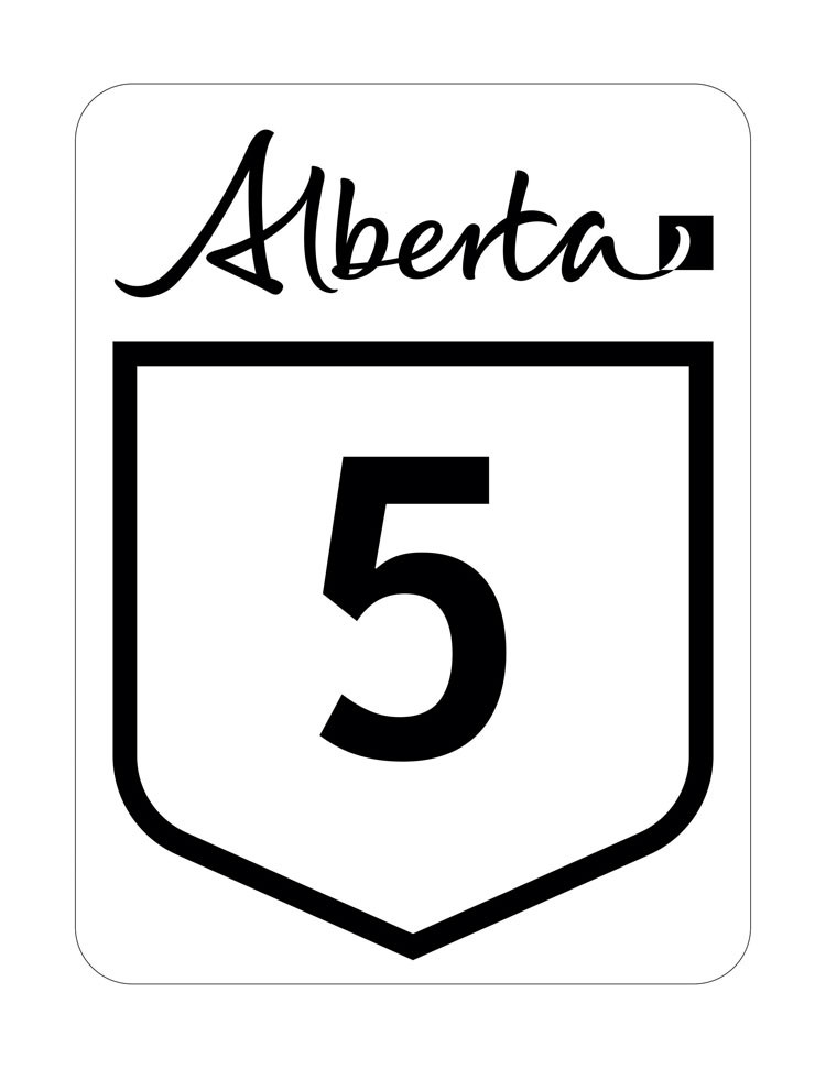 White primary travel route highway sign with black text: "Alberta" signature logo above a black outlined shield shape with "5" in the centre