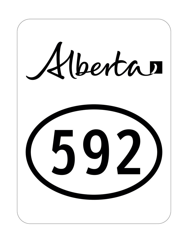 White sign with black text secondary travel route highway sign: "Alberta" signature logo above an oval with "592" in the centre