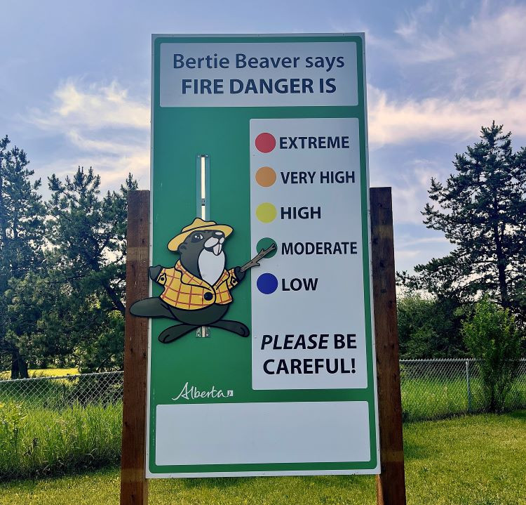 A green roadside sign featuring cartoon mascot Bertie Beaver pointing to the current fire danger level 'moderate'. The sign reads, “Bertie Beaver says FIRE DANGER IS” followed by a vertical scale with colored dots representing different fire danger levels.