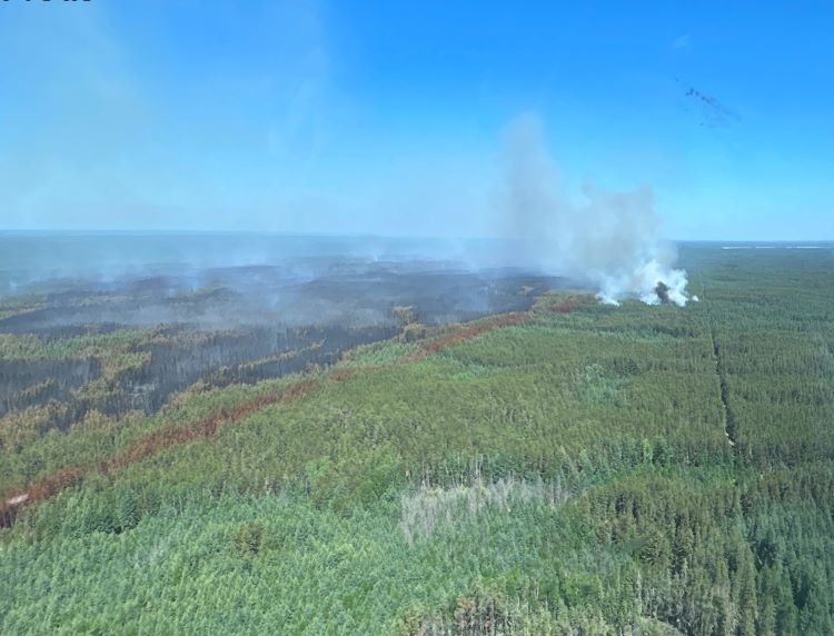 Smoke is coming from the right hand corner of the photo, red line showing retardant and the burnt trees off on the left.