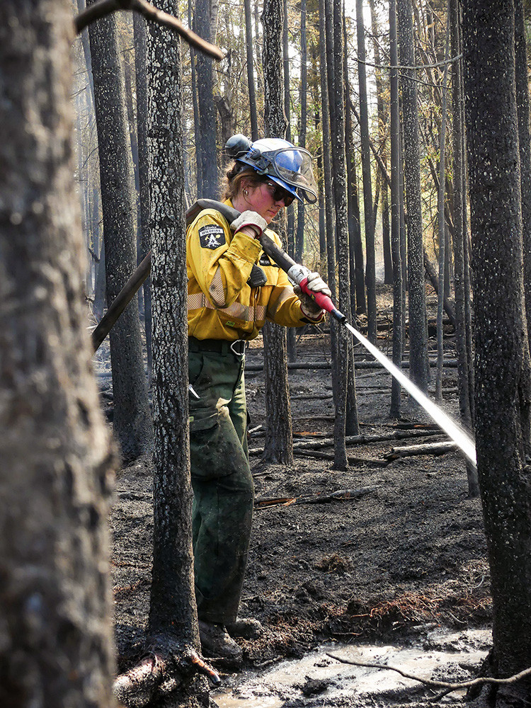 Alberta Wildfire crew member in protective gear sprays water into a burned forest, extinguishing hotspots among charred trees and ash-covered ground.