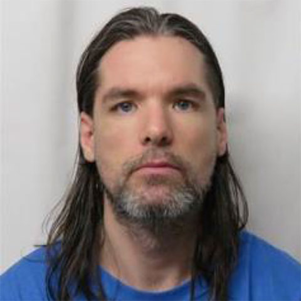 High-Risk Offender Robert Peter Myles Rees: White male with long brown hair past the shoulders, mustache and goatee, blue eyes, in a blue shirt